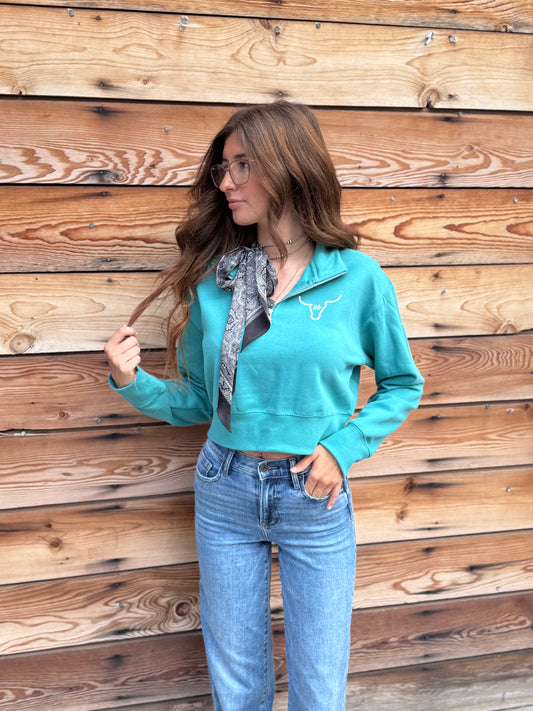1/4 zip Cropped Sweatshirt Teal Snappy6 Sweatshirt