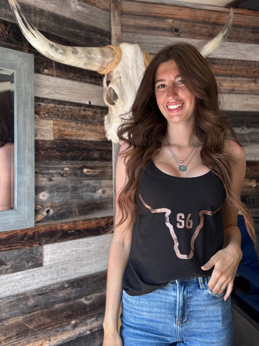 Our Original Snappy6 Rose Gold Logo Black Tank Top