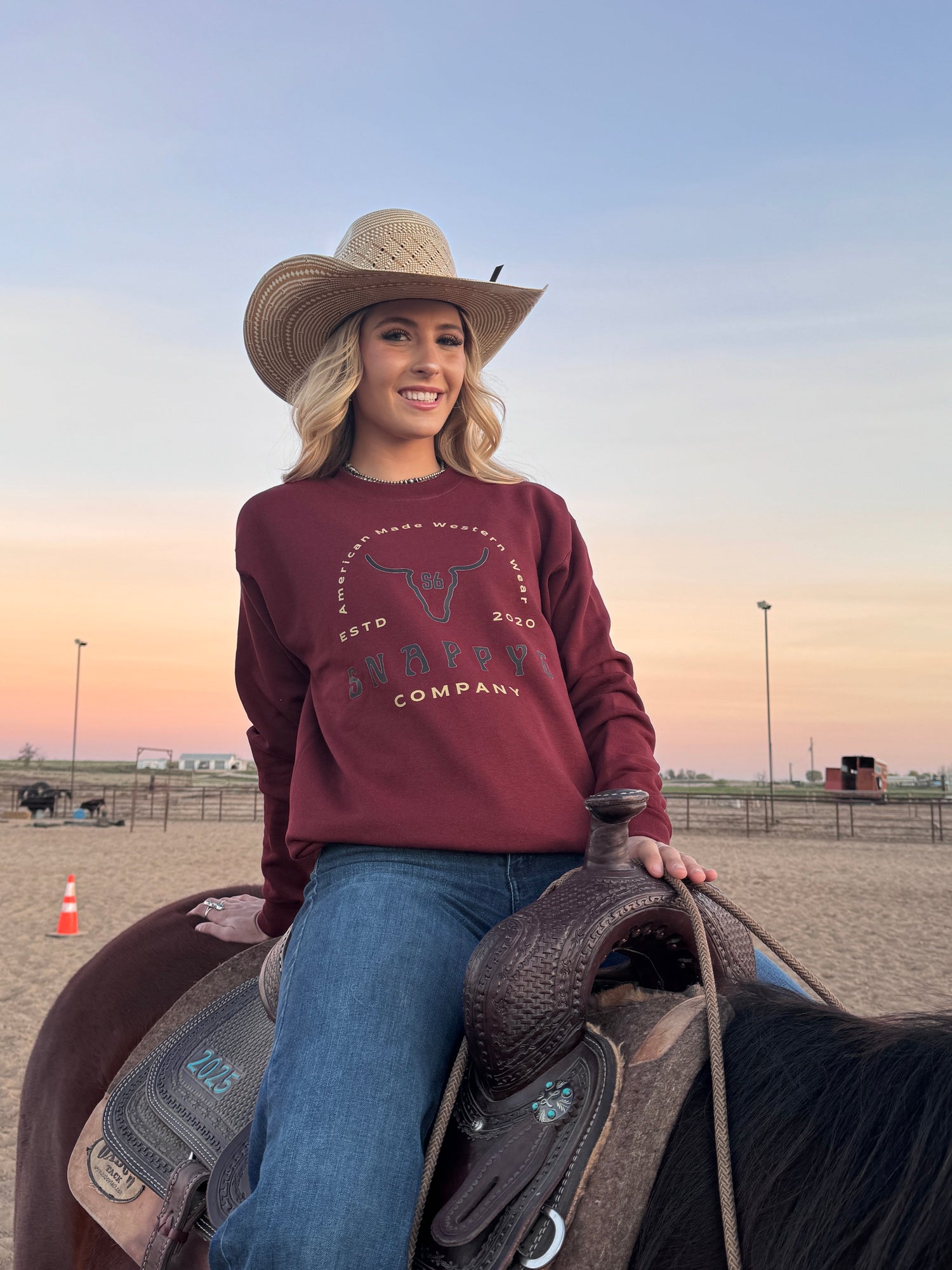 Indigo blue crewneck sweatshirt with white highland cow