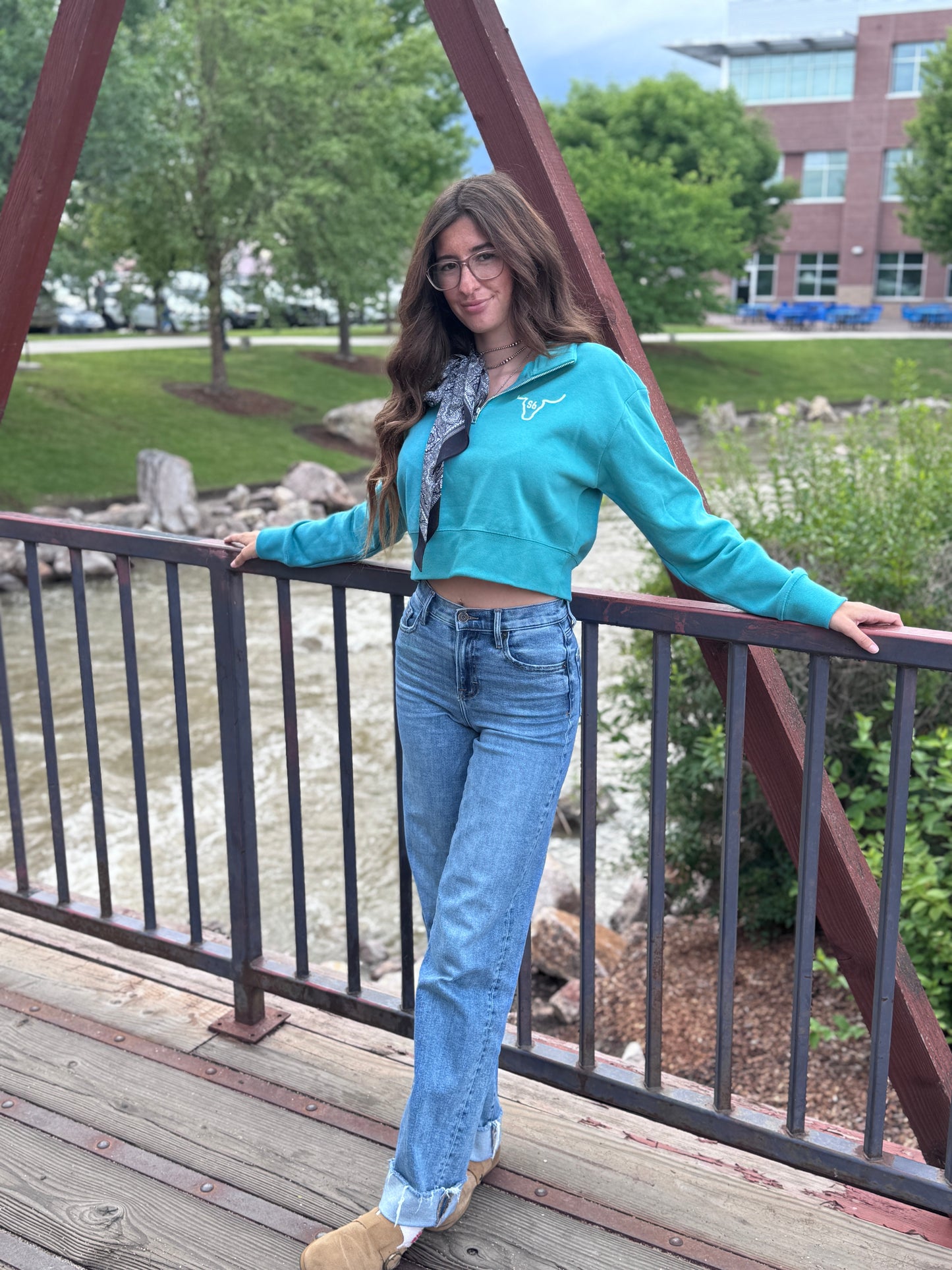 1/4 zip Cropped Sweatshirt Teal Snappy6 Sweatshirt