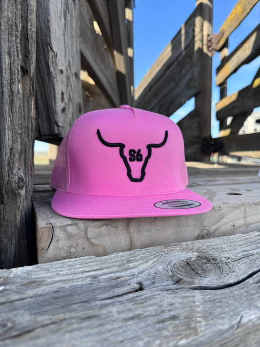 Embroidered Hat with Snappy6 Logo Pink with Black logo.