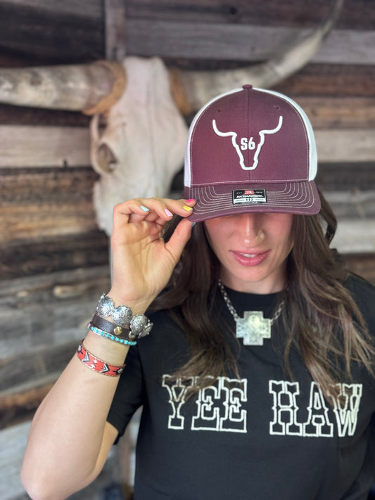 Embroidered Hat with Snappy6 Logo Maroon with White logo.