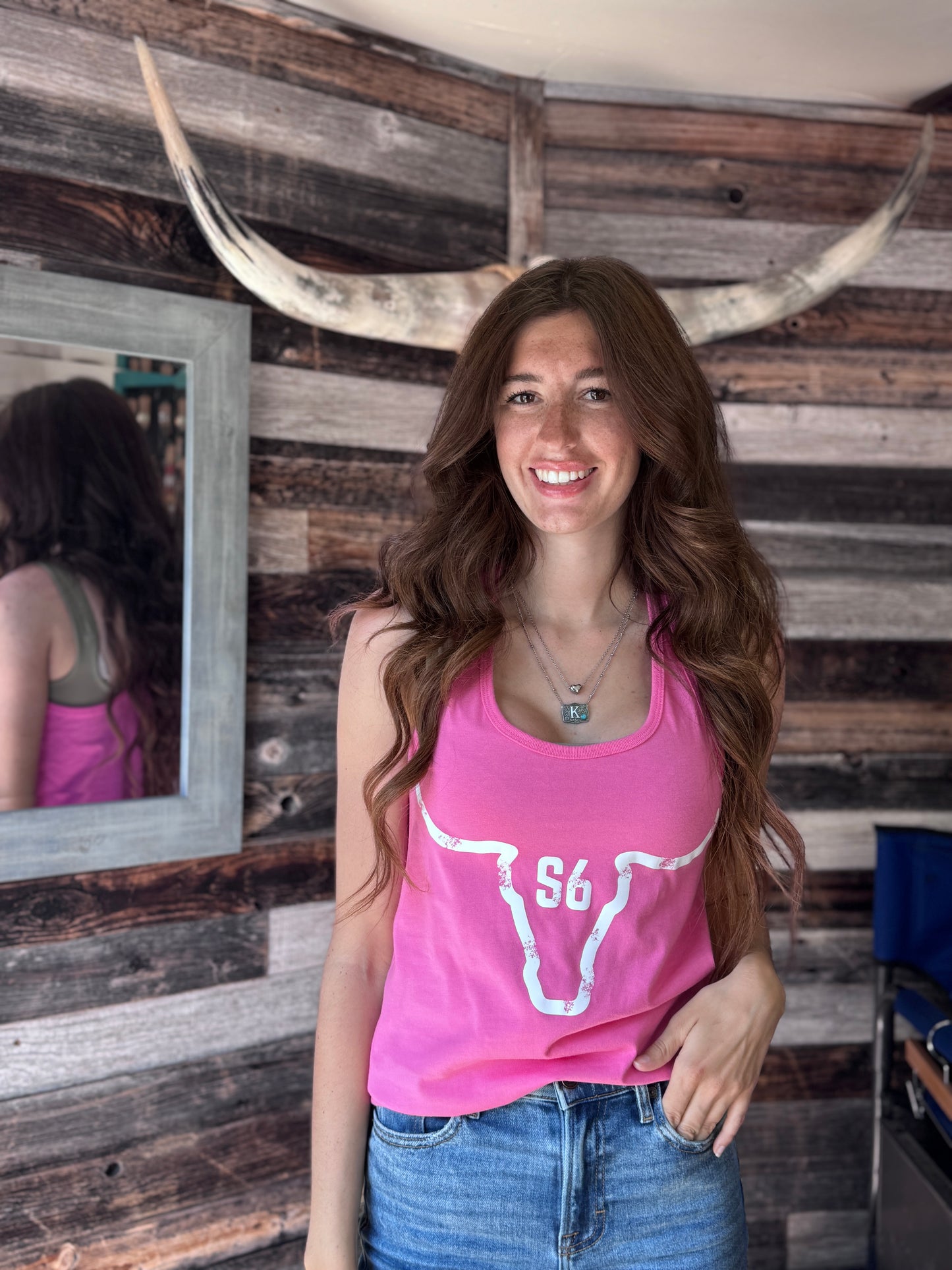 Our Original Snappy6 White Logo Bright Pink Tank Top