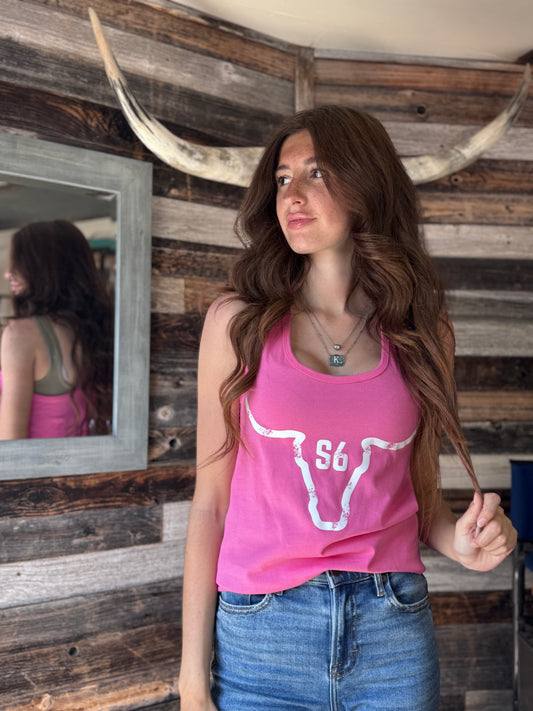 Our Original Snappy6 White Logo Bright Pink Tank Top